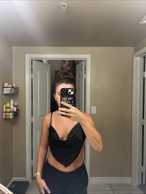 Black Satin Cowl Neck Handkerchief Hem Top